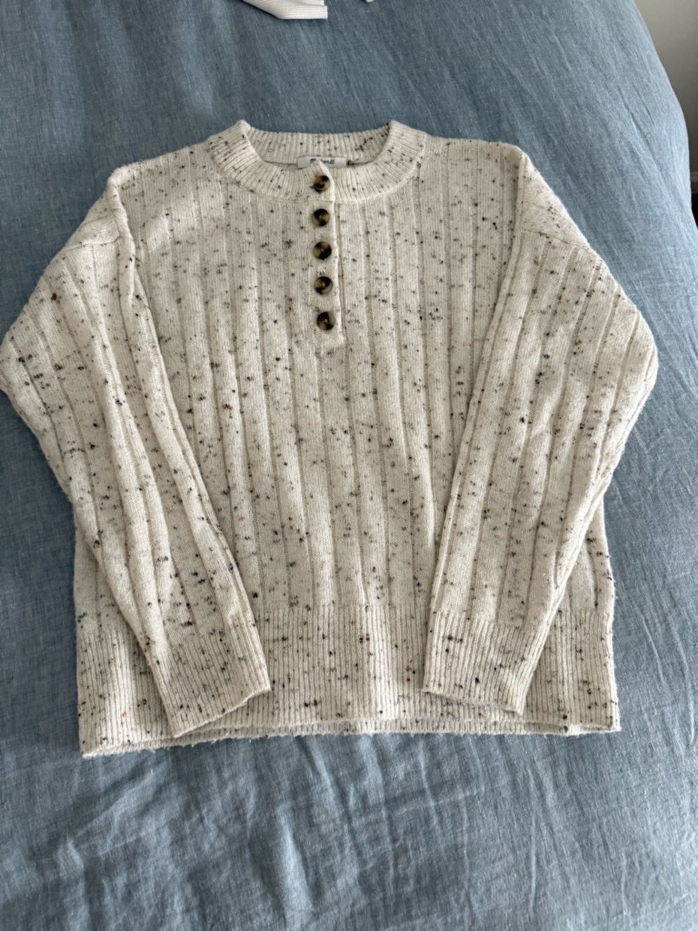 Madewell Cream Speckled Henley Rib-Knit Sweater